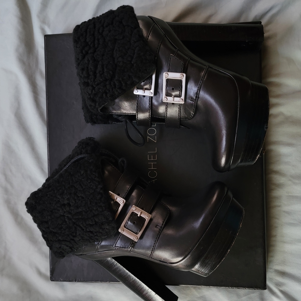 Rachel Zoe Black Shearling Trim Boots with Buckle Details